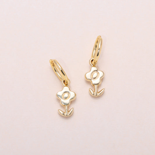 Blossoming Flower Hoop Earrings 14K Solid Gold