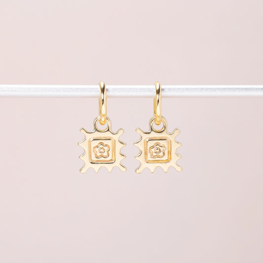 Flower Stamp Hoop Earrings 14K Solid Gold