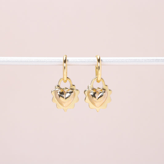 Ruffled Love Heart Hoop Earrings 14K Solid Gold