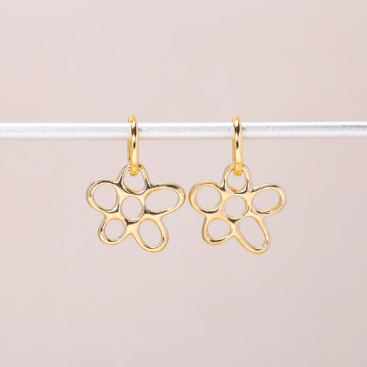 Hollow Flower Hoop Earrings 14K Solid Gold