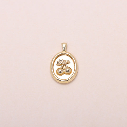 Oval-Framed Cherry Charm Necklace 14K Solid Gold