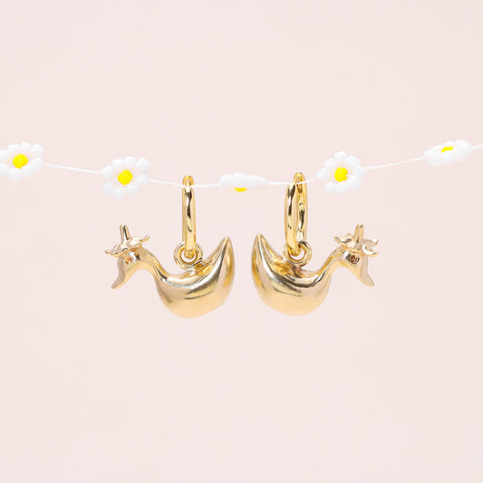 Baby Flower Hat Duckling Hoop Earrings 14K Solid Gold