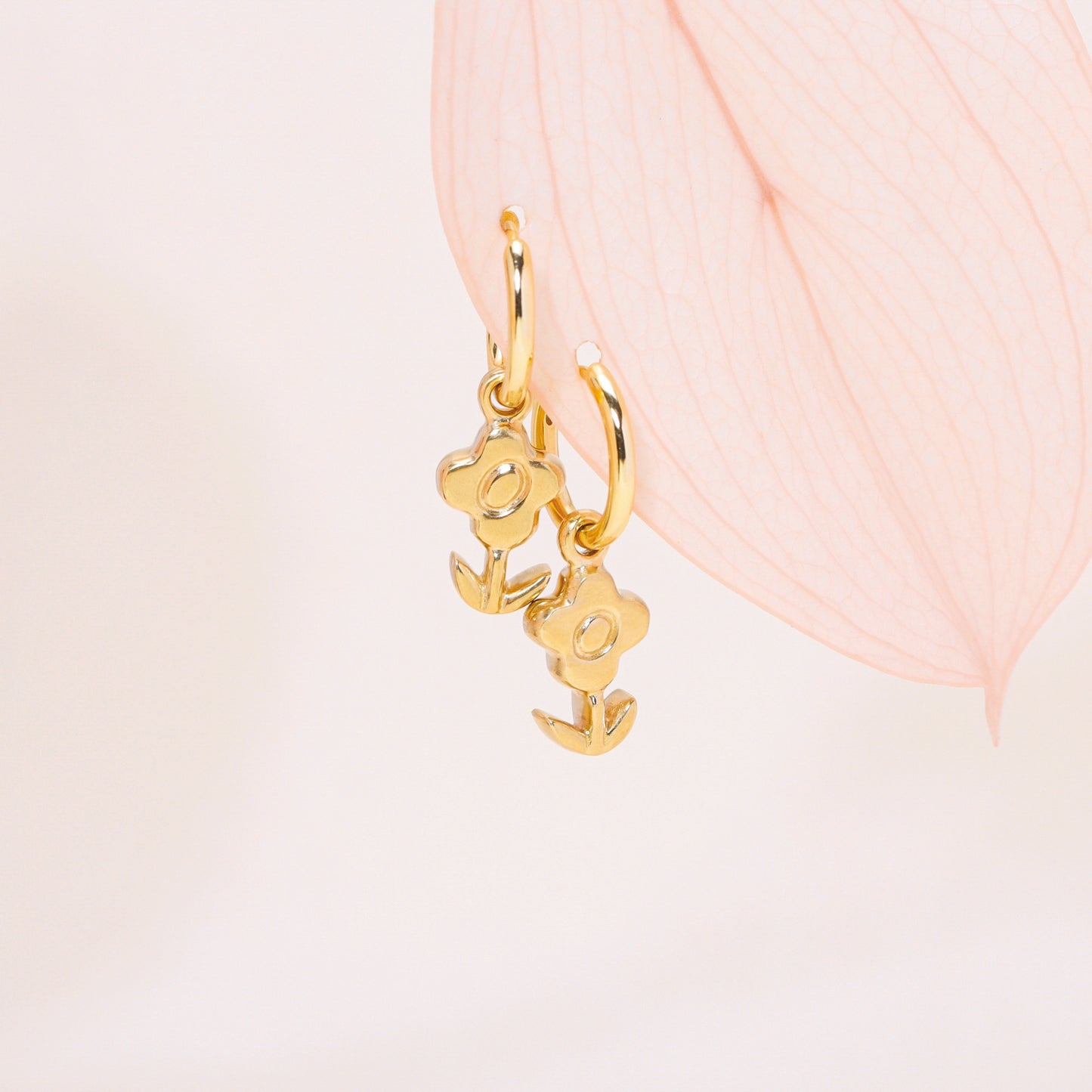 Blossoming Flower Hoop Earrings 14K Solid Gold