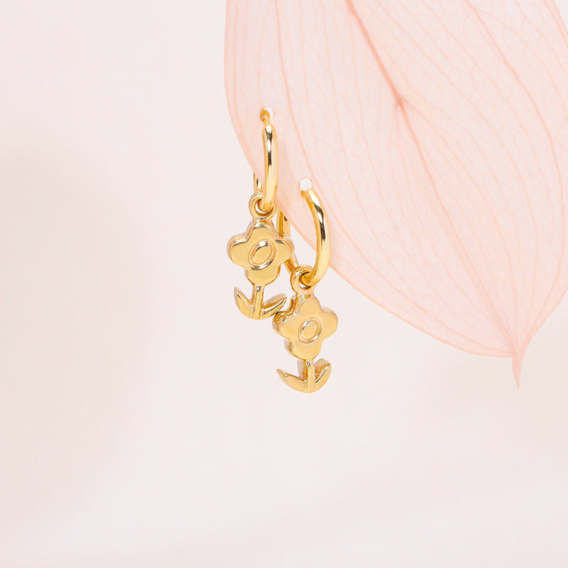 Blossoming Flower Hoop Earrings 14K Solid Gold
