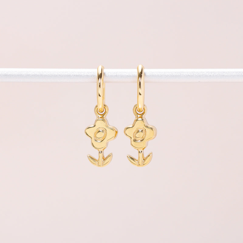 Blossoming Flower Hoop Earrings 14K Solid Gold