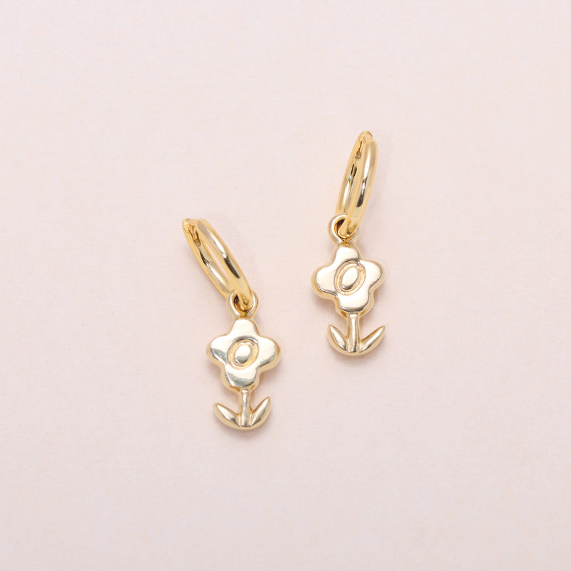 Blossoming Flower Hoop Earrings 14K Solid Gold