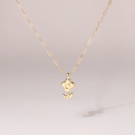 Blossoming Flower Charm Necklace 14K Solid Gold