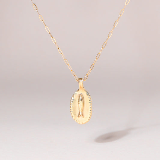 Fish in Plate Charm Necklace 14K Solid Gold