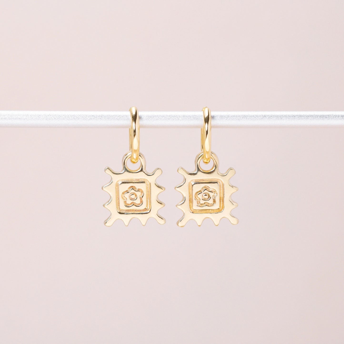 Flower Stamp Hoop Earrings 14K Solid Gold