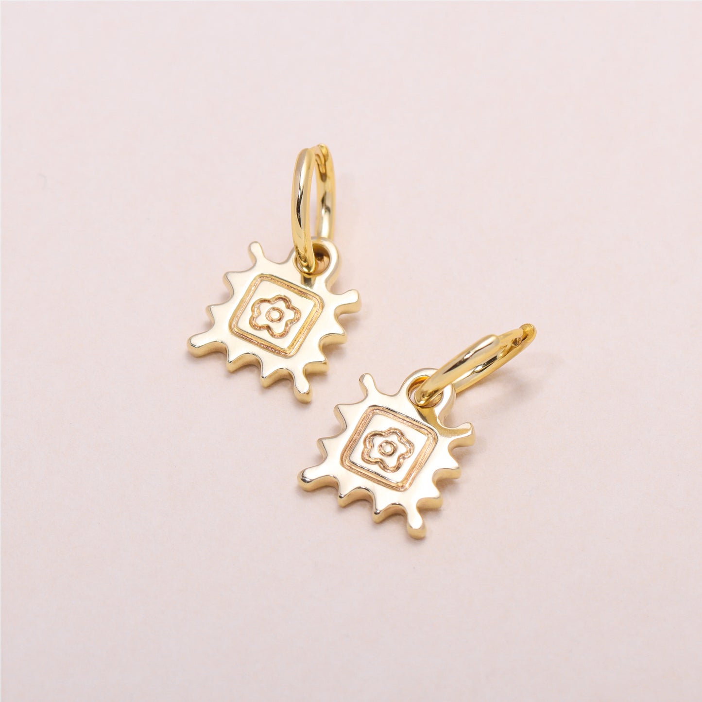 Flower Stamp Hoop Earrings 14K Solid Gold