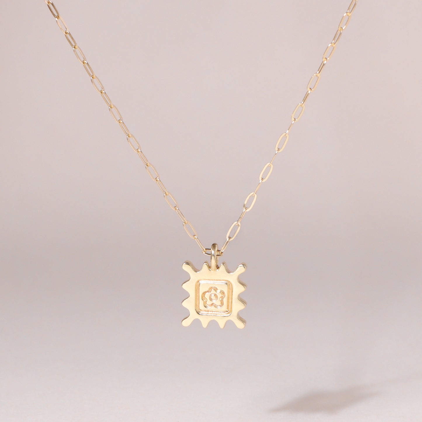 Flower Stamp Charm Necklace 14K Solid Gold