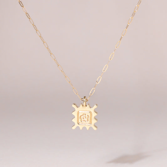 Flower Stamp Charm Necklace 14K Solid Gold