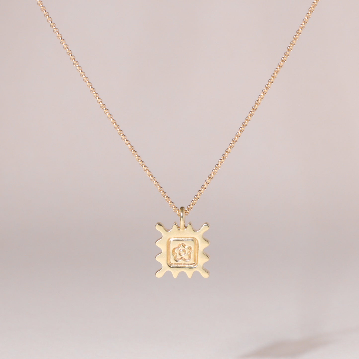 Flower Stamp Charm Necklace 14K Solid Gold
