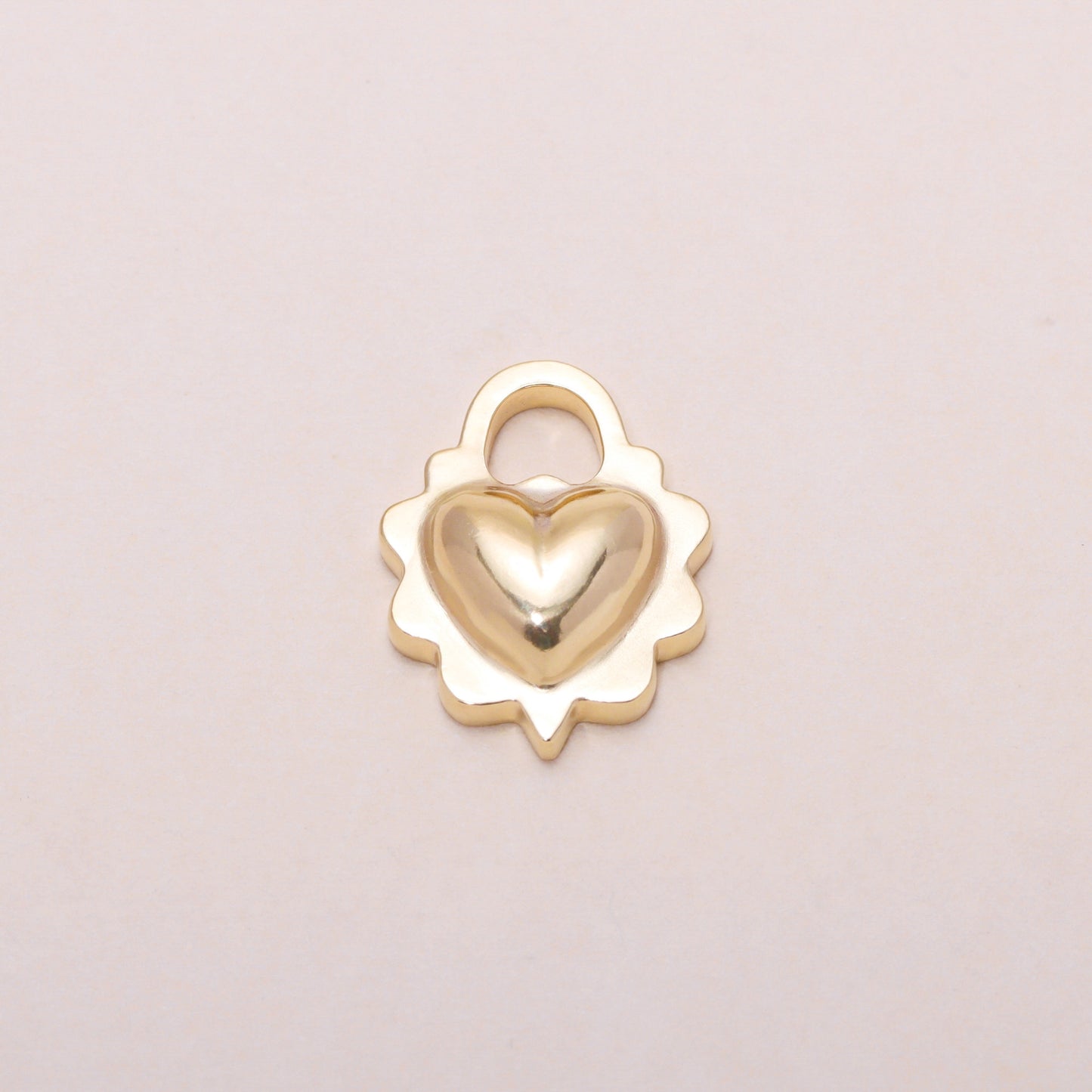 Ruffled Love Heart Charm Necklace 14K Solid Gold
