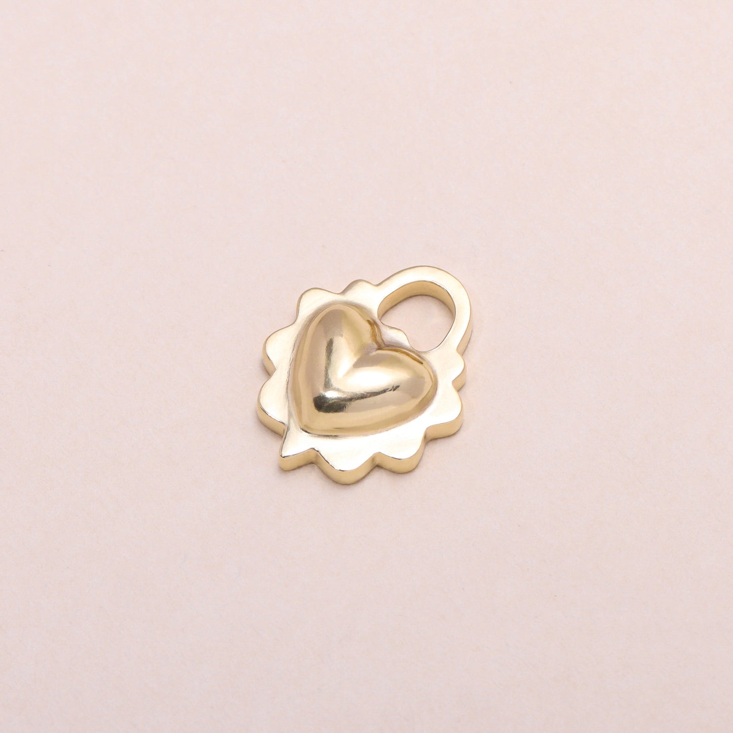 Ruffled Love Heart Charm Necklace 14K Solid Gold