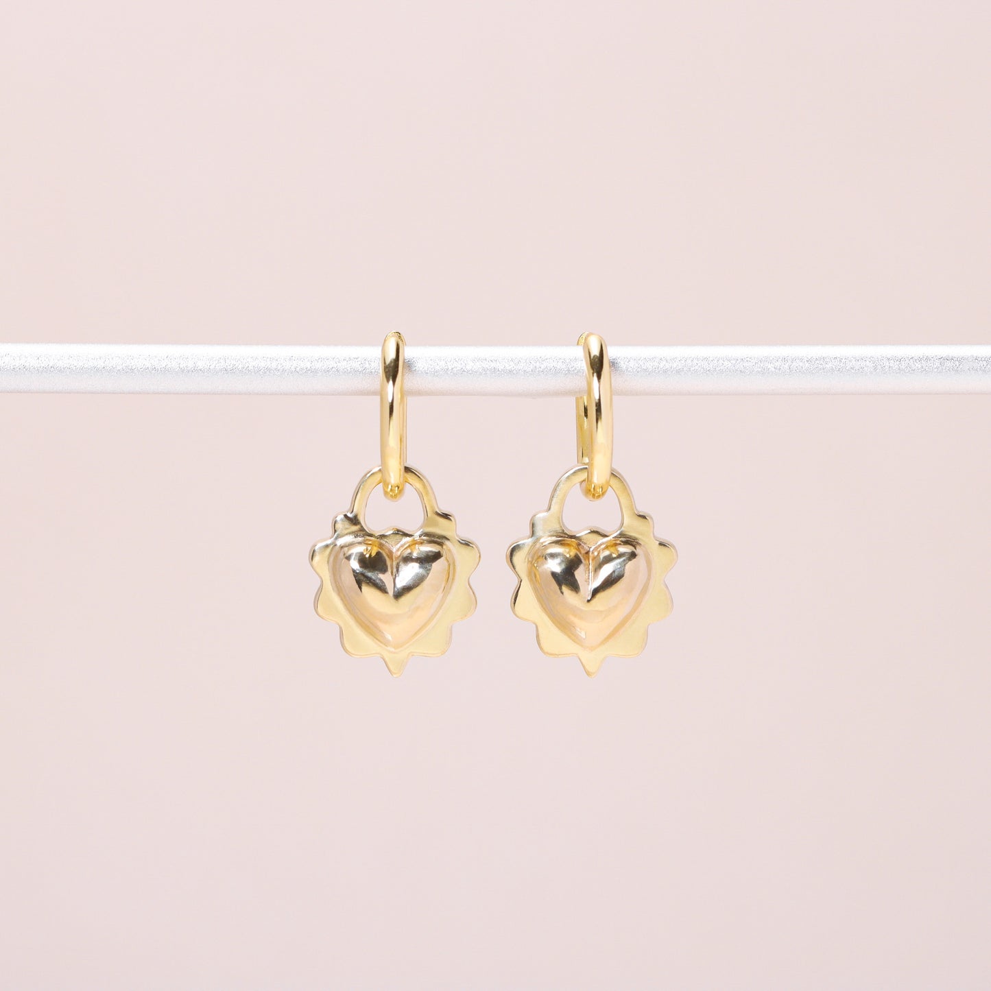 Ruffled Love Heart Hoop Earrings 14K Solid Gold