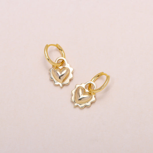 Ruffled Love Heart Hoop Earrings 14K Solid Gold
