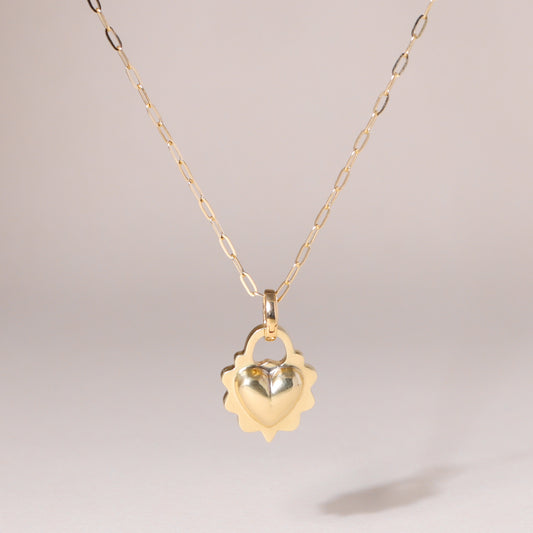 Ruffled Love Heart Charm Necklace 14K Solid Gold