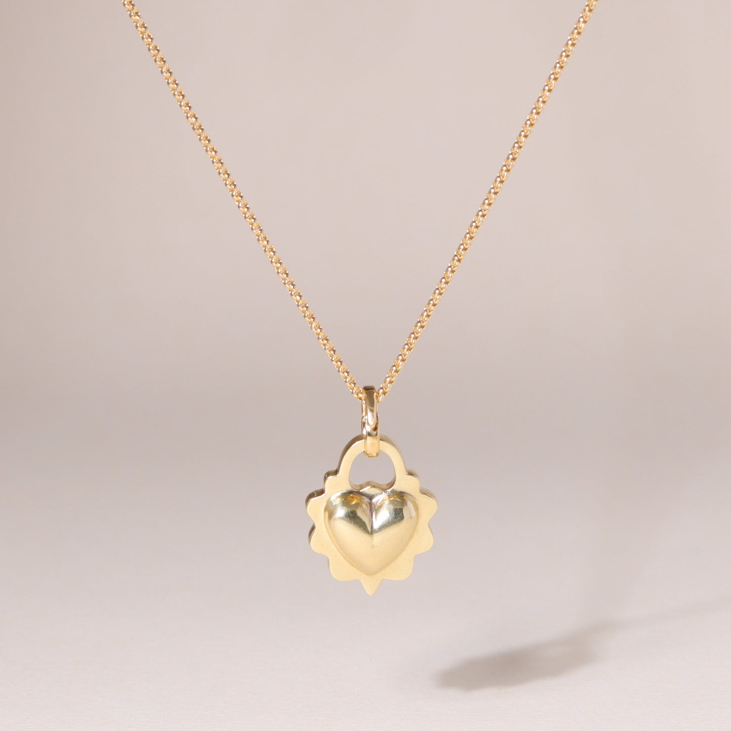 Ruffled Love Heart Charm Necklace 14K Solid Gold