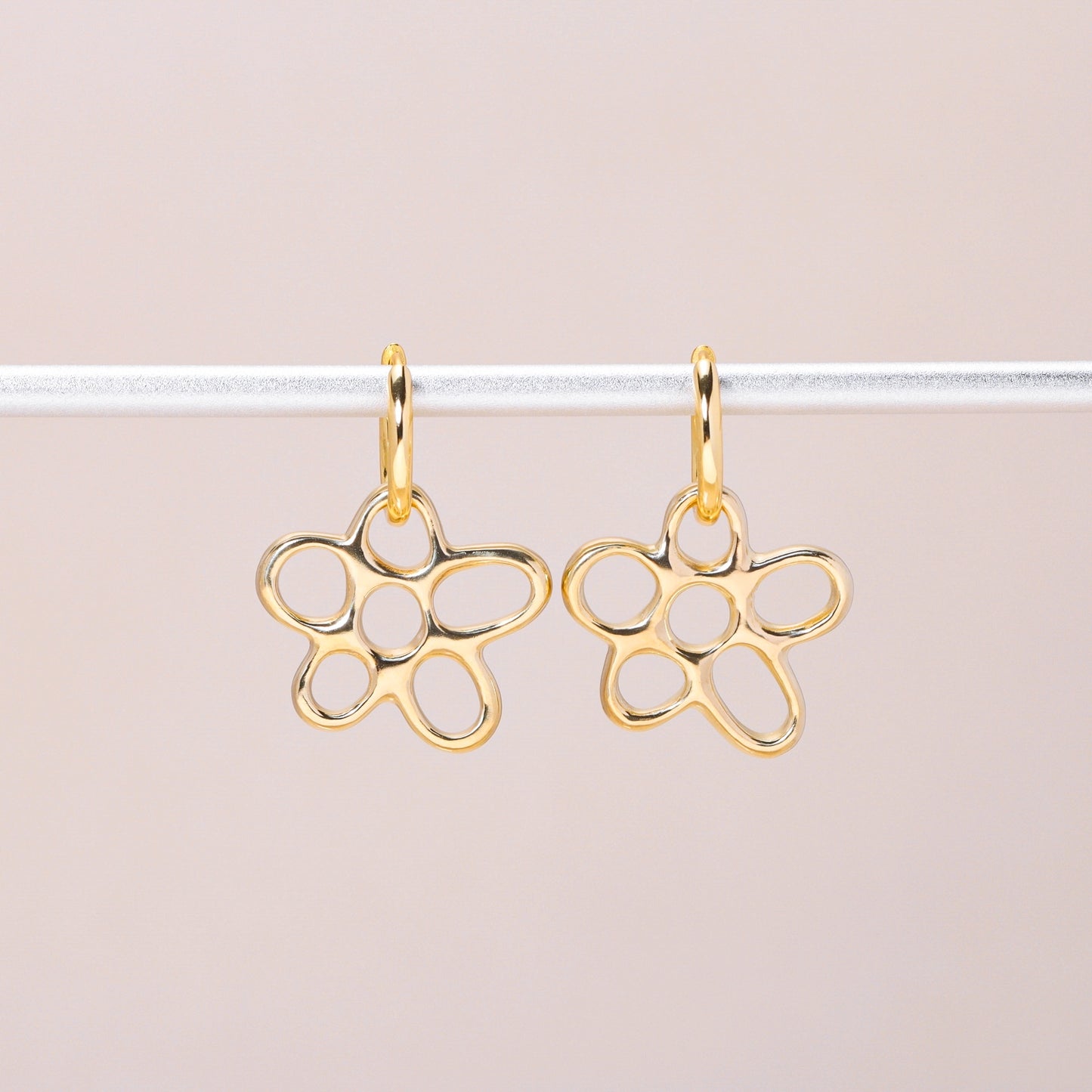Hollow Flower Hoop Earrings 14K Solid Gold