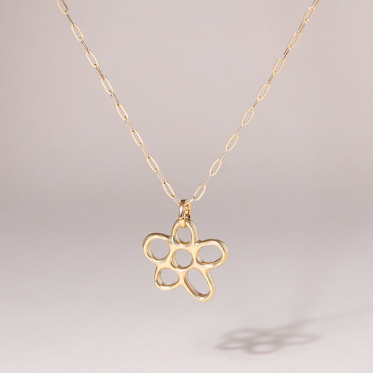 Hollow Flower Charm Necklace 14K Solid Gold