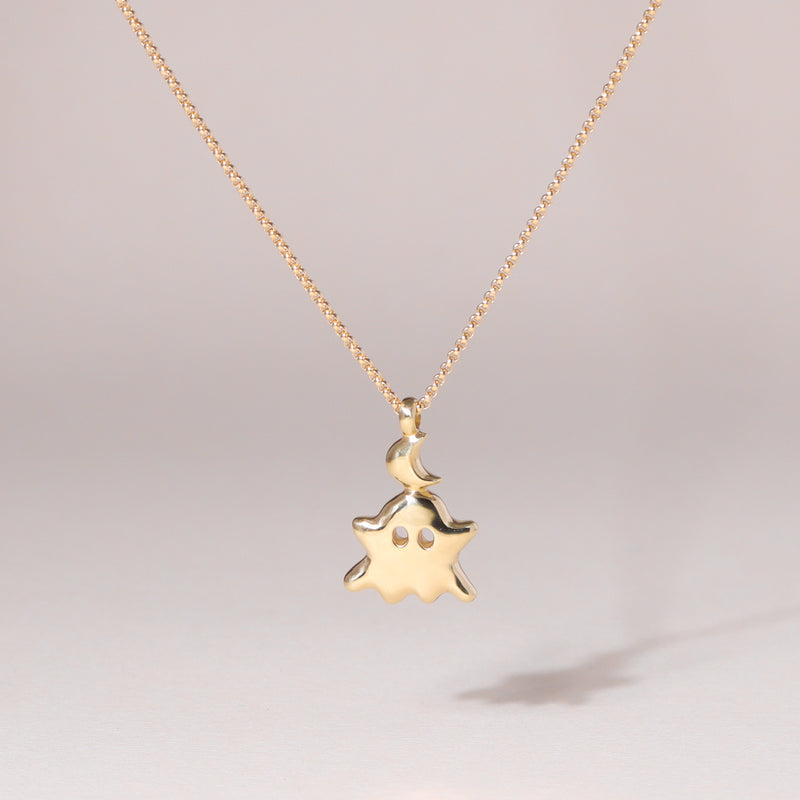 Little Moon Monster Charm Necklace 14K Solid Gold