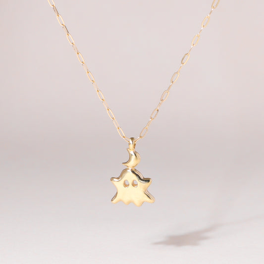 Little Moon Monster Charm Necklace 14K Solid Gold
