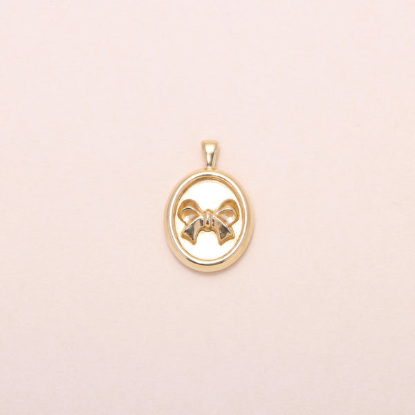 Oval-Framed Bow Charm Necklace 14K Solid Gold