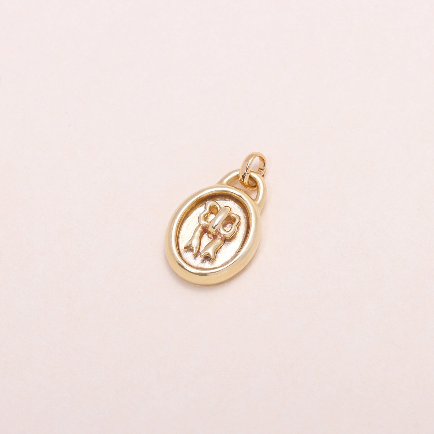 Sweet Oval-Framed Bow Charm Necklace 14K Solid Gold