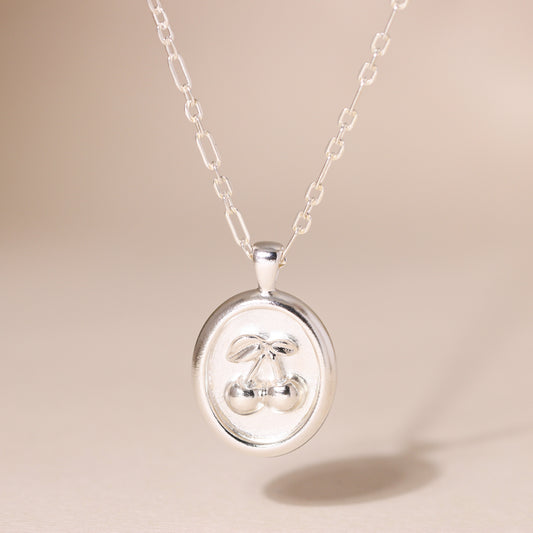 Sweet Oval-Framed Cherry Charm Necklace