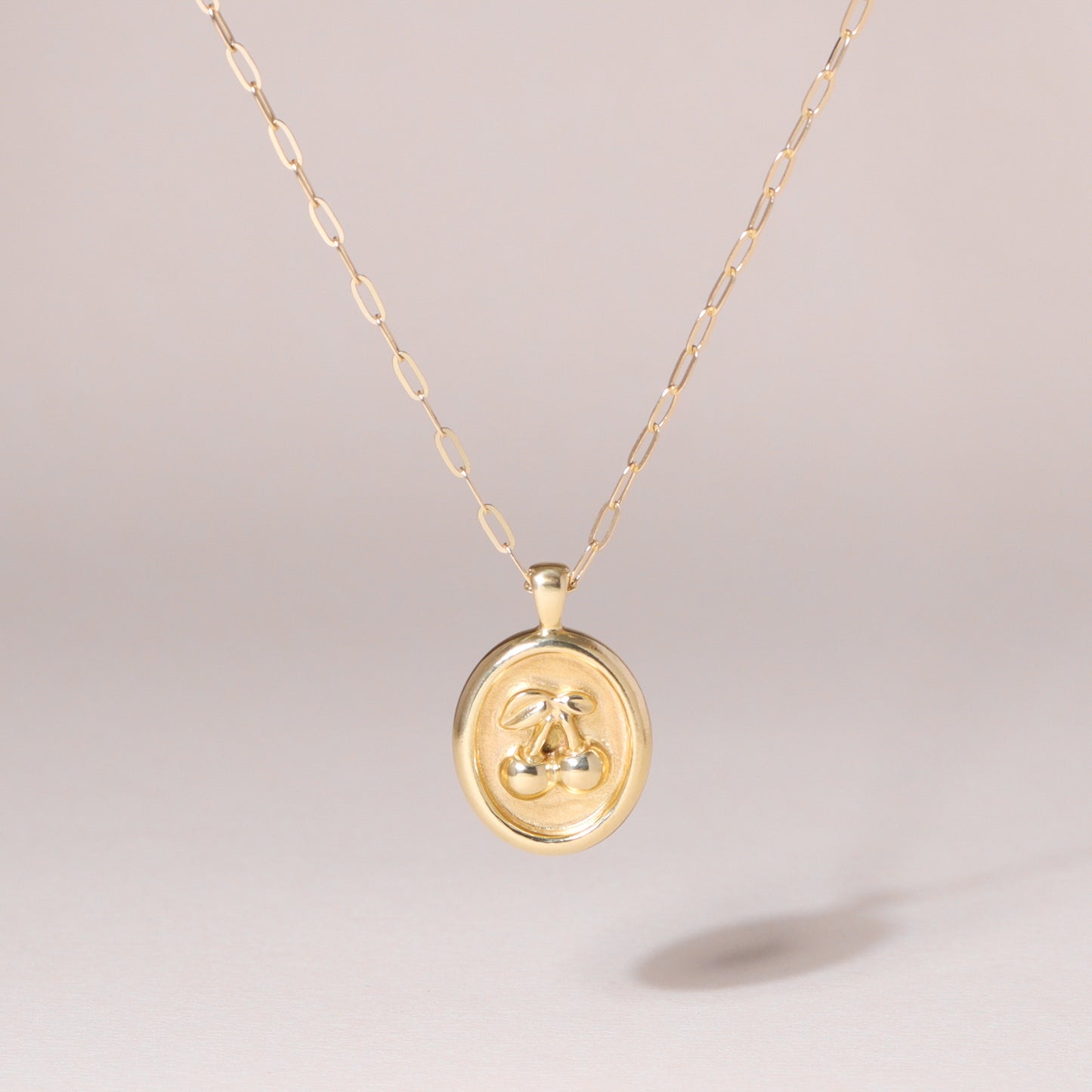 Sweet Oval-Framed Cherry Charm Necklace 14K Solid Gold