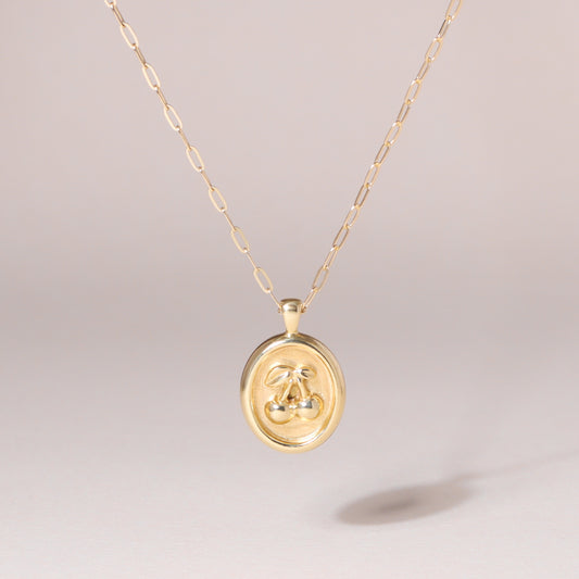 Sweet Oval-Framed Cherry Charm Necklace 14K Solid Gold