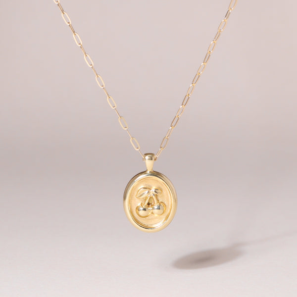 Sweet Oval-Framed Cherry Charm Necklace 14K Solid Gold