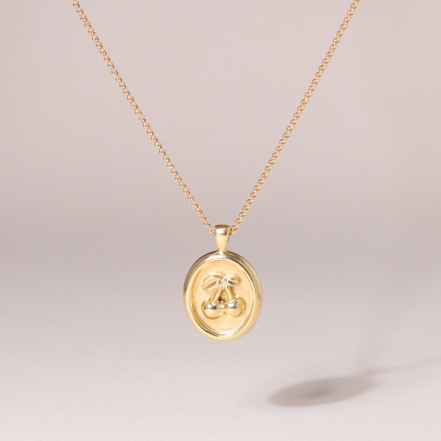 Sweet Oval-Framed Cherry Charm Necklace 14K Solid Gold