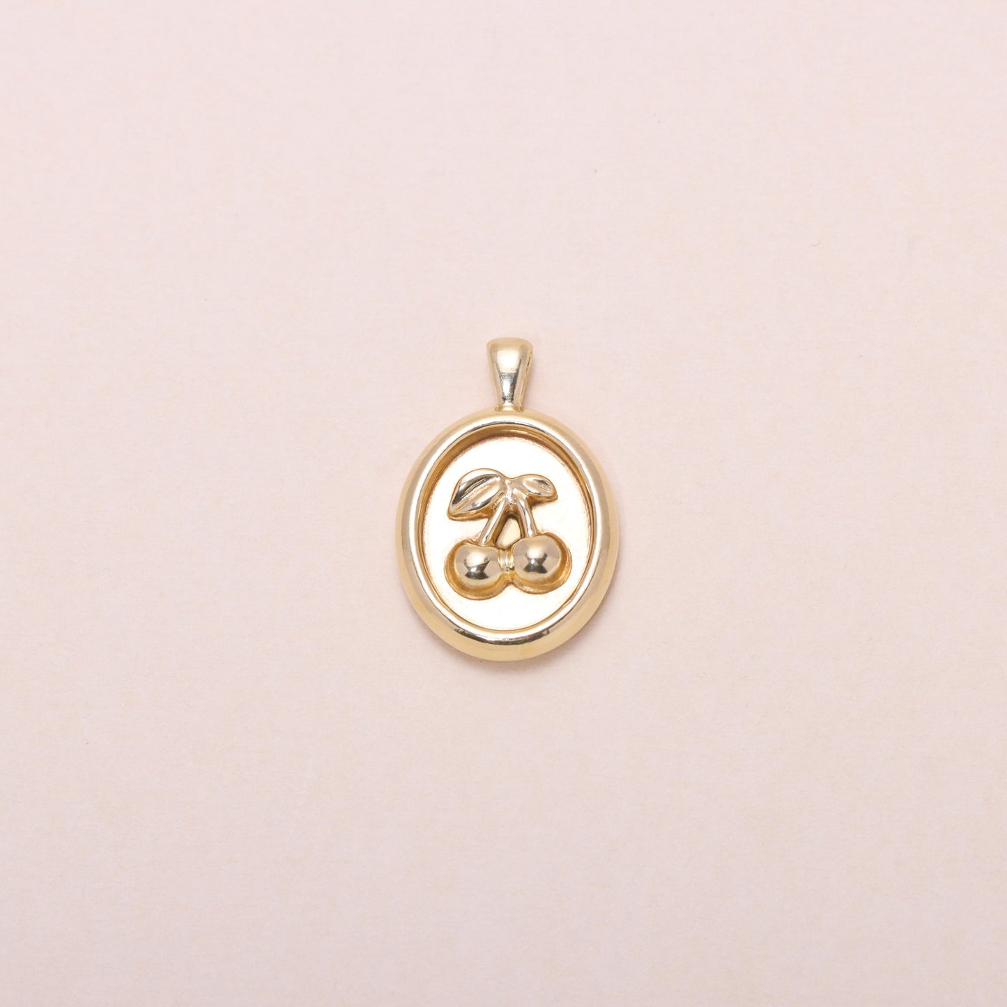 Sweet Oval-Framed Cherry Charm Necklace 14K Solid Gold