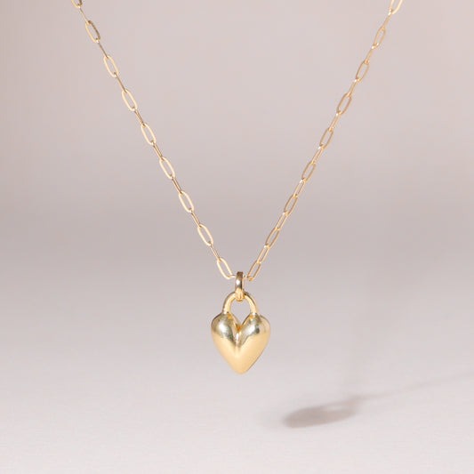 Puffy Heart Charm Necklace 14K Solid Gold