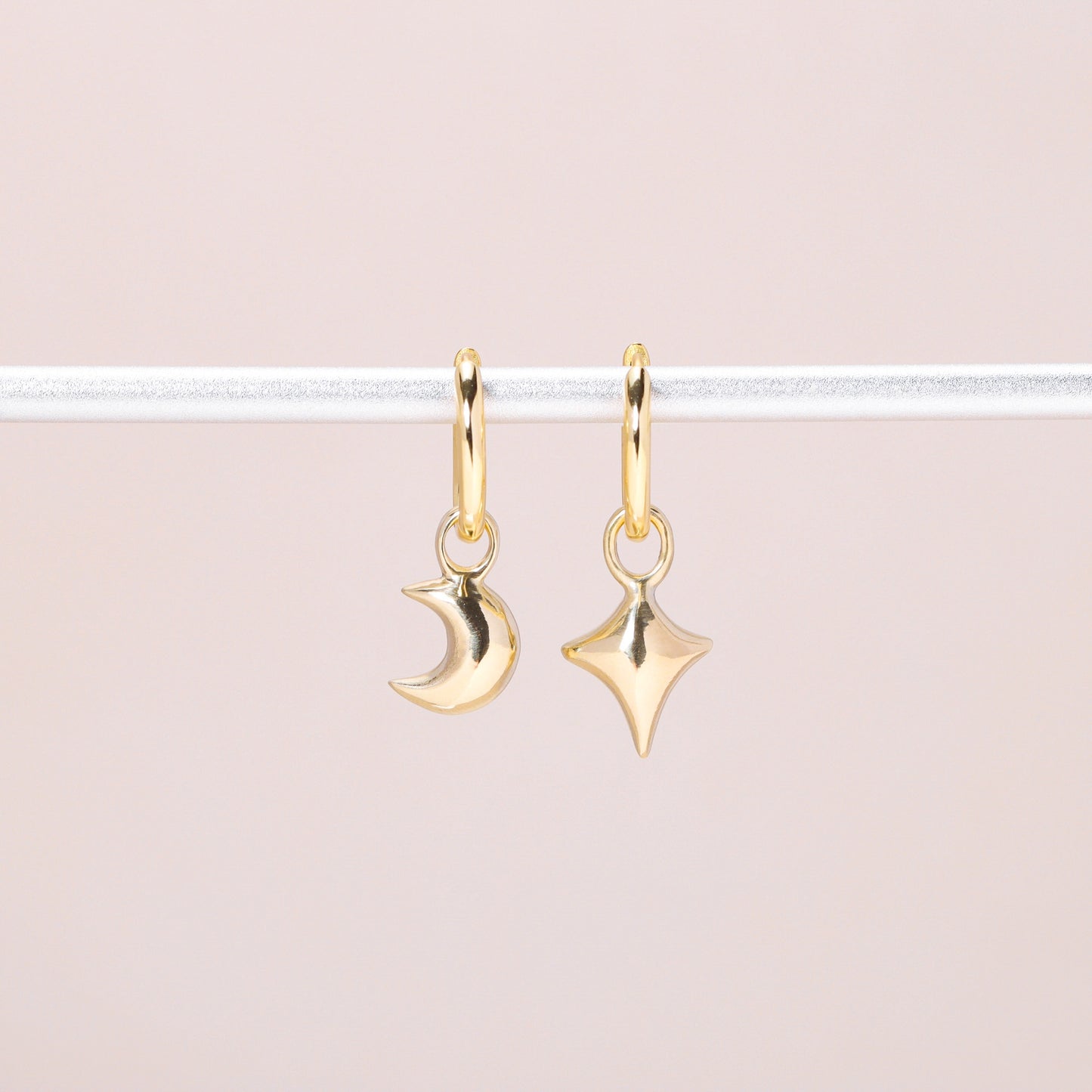 Star Moon Hoop Earrings 14K Solid Gold