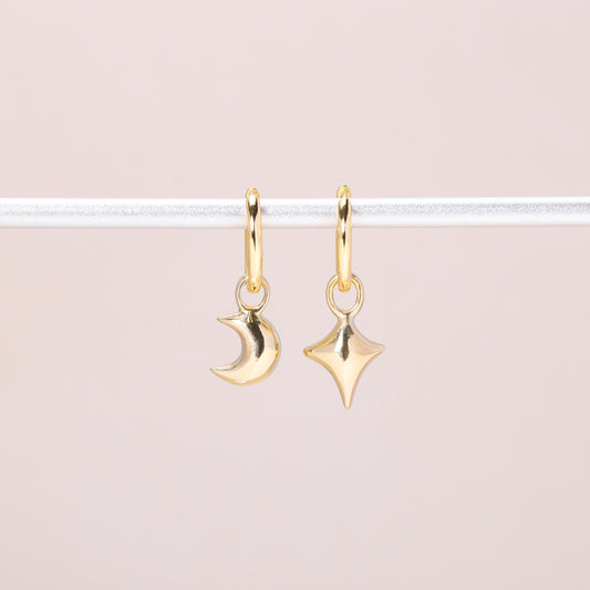 Star Moon Hoop Earrings 14K Solid Gold