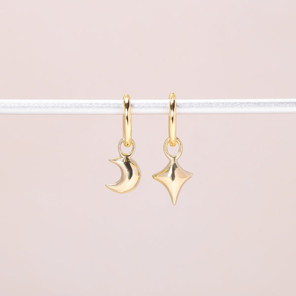 Star Moon Hoop Earrings 14K Solid Gold