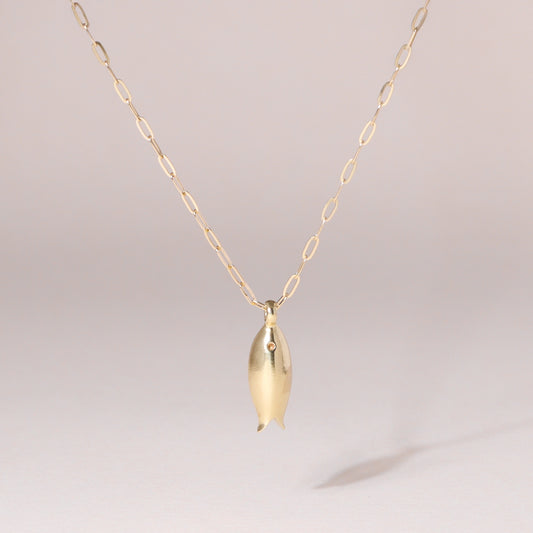 Little Sardine Charm Necklace 14K Solid Gold